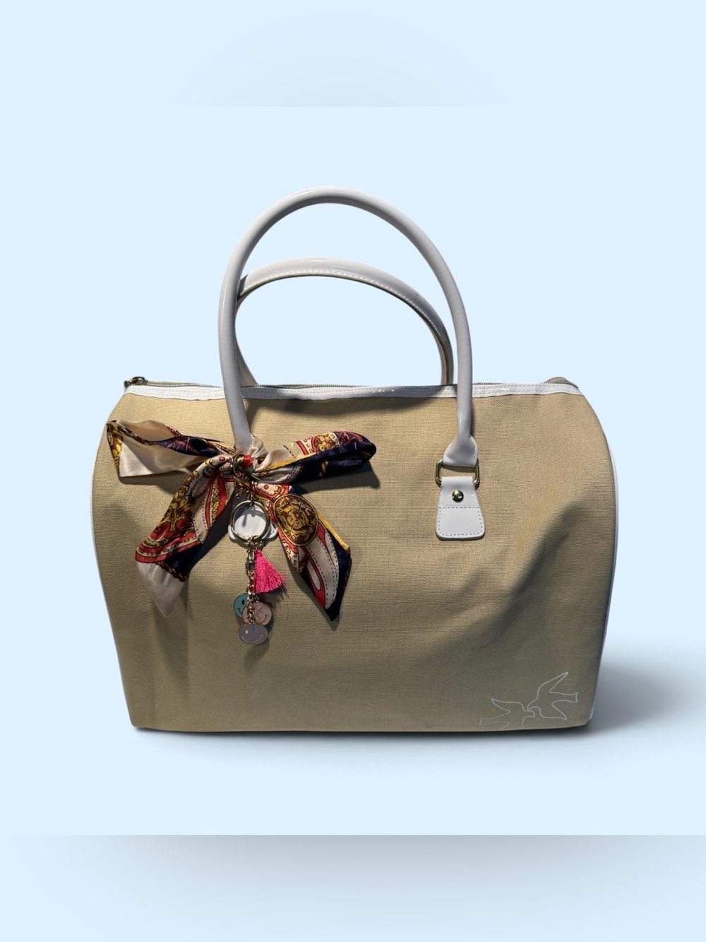 Canvas Traveling Tote Bag with White Handles and Scarf Accent